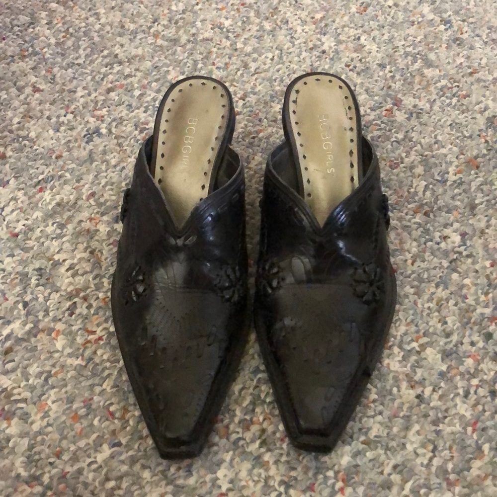 Black leather cowboy boot style mules size 6